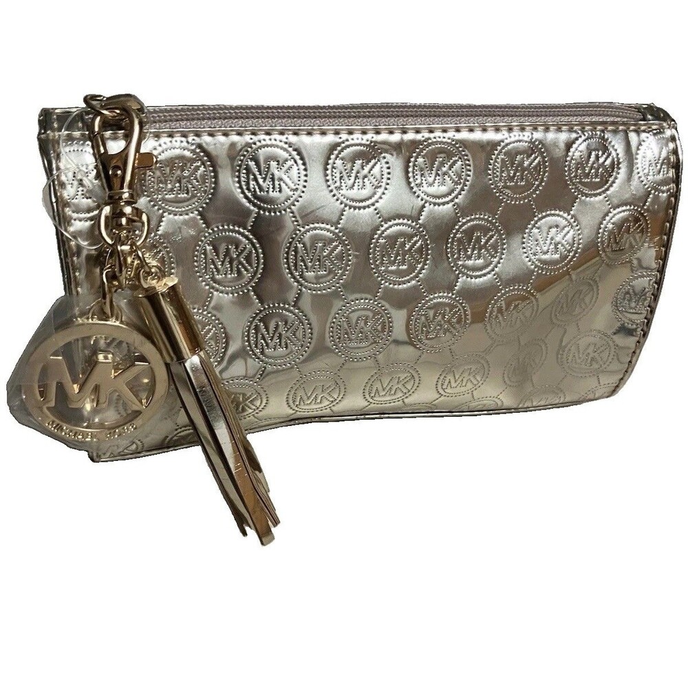 New Michael Kors Estee Lauder Silver Monogram Logo Makeup Cosmetic Bag